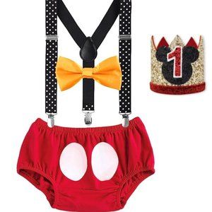 Mickey Mouse Boy Smash Cake Birthday Outfit Clothes Suspenders Disney Crown